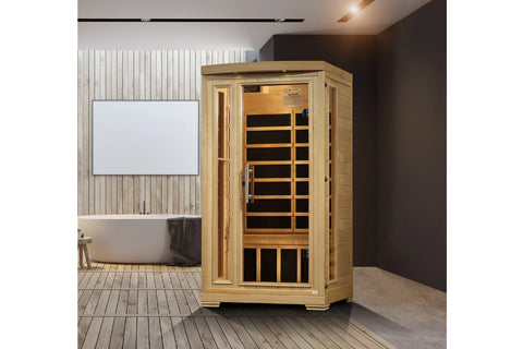 Cedar wood 2-person infrared sauna with glass front door, wooden bench seating, and heated interior panels on white backgroun