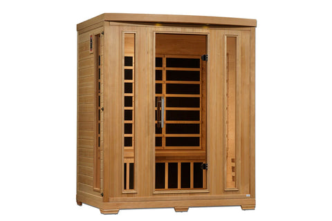 Natural wood 3-person infrared sauna cabin with glass door and infrared heater panels, displayed in modern bathroom setting