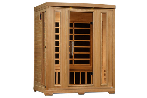 Natural cedar wood infrared sauna cabinet with glass front door, horizontal black heating elements visible inside, side bench