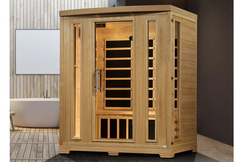 Natural cedar wood infrared sauna cabinet with glass front door, horizontal black heating elements visible inside, side bench