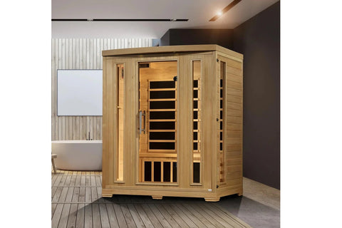 Natural wood 3-person infrared sauna cabin with glass door and infrared heater panels, displayed in modern bathroom setting