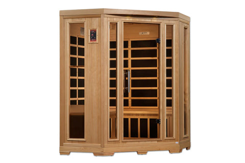 Pro 6 Rebecca 3-Person Corner Near Zero EMF Far Infrared Sauna — front view with tempered glass doors, carbon heater panels, and natural hemlock wood construction