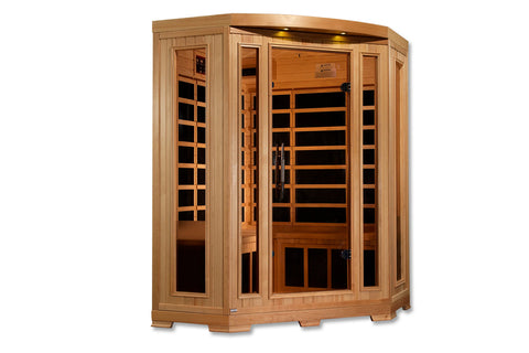 Natural wood corner infrared sauna with glass door and window panels, interior heaters visible, LED lighting at top on white 