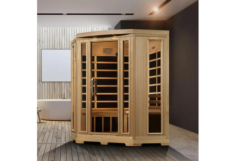 Pro 6 Rebecca 3-Person Corner Near Zero EMF Far Infrared Sauna — front view with tempered glass doors, carbon heater panels, and natural hemlock wood construction