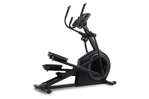 Black elliptical machine with dual handles, foot pedals, and digital display console on white background