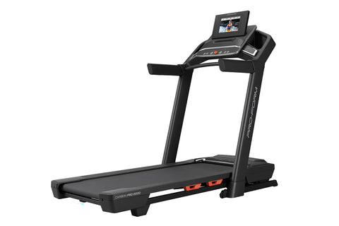 ProForm Carbon Pro 2000 black treadmill with touchscreen display and orange accent accents on white background