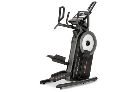 Black and white ProForm Pro HIIT H14 elliptical machine with digital display, ergonomic handles, and footrest on white backgr