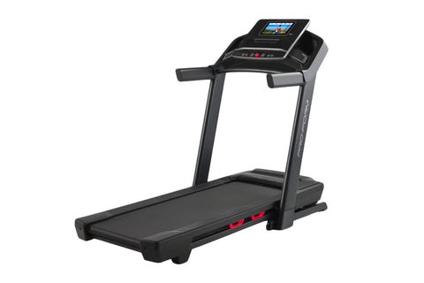 Black ProForm Trainer 1000 treadmill with digital display console, red accents, and cushioned running deck on white backgroun