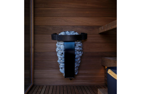Harvia Spirit electric sauna heater with gray stones, black control panel, digital display showing temperature, and MyHarvia 