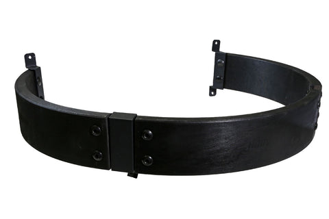 Black metal safety railing with curved design, metal brackets, and riveted details on white background