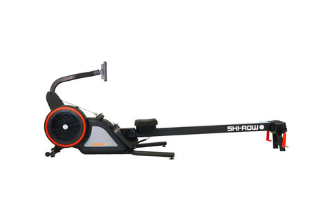 Ski-Row Air+PWR black and red rowing machine with fan wheel, adjustable handlebar, and footrest on white background