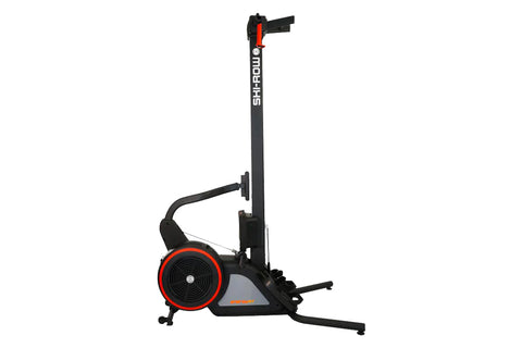 Ski-Row Air+PWR black and red rowing machine with fan wheel, adjustable handlebar, and footrest on white background