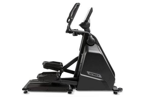 Black Spirit elliptical machine with digital display console, curved handlebars, and wide footplate on white background