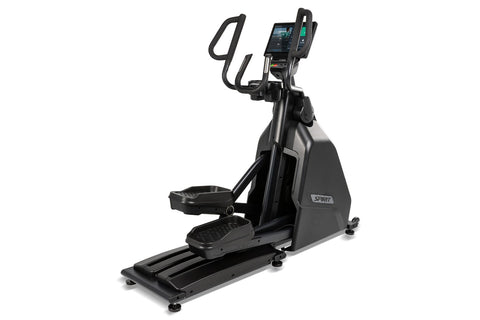 Black Spirit elliptical machine with digital display console, curved handlebars, and wide footplate on white background