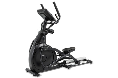 Black elliptical machine with digital console display, dual handles, and silver base frame on white background