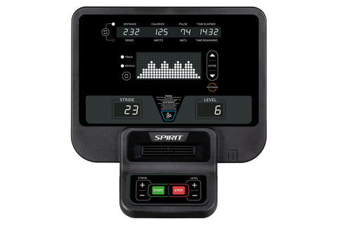 Black Spirit CE850 elliptical machine with dual handles, digital display console, and extended footrails on white background