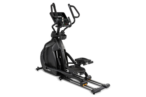 Black Spirit CE850 elliptical machine with dual handles, digital display console, and extended footrails on white background