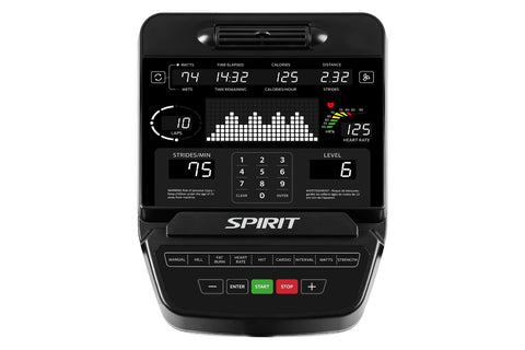 Spirit CE900 black elliptical machine with digital console, dual handles, and wide footplate on white background