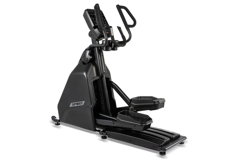 Spirit CE900 black elliptical machine with digital console, dual handles, and wide footplate on white background