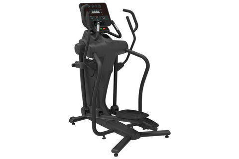 Black Spirit CES880 suspension elliptical with digital console displaying workout metrics, dual handles, and foot pedals on w