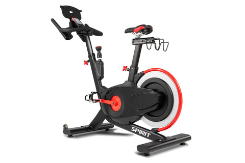 Spirit CIC850 indoor cycle with black frame, red and white flywheel, adjustable seat and handlebars, digital display, and tab