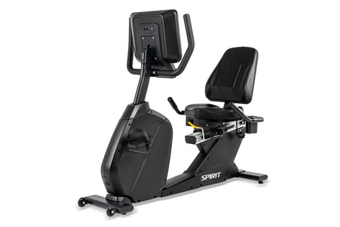 Spirit CR800 black recumbent exercise bike with digital display console, padded seat, and footrest on white background