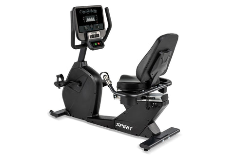 Spirit CR800 black recumbent exercise bike with digital display console, padded seat, and footrest on white background