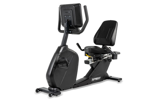 Spirit CR800ENT black recumbent exercise bike with digital touchscreen console, padded seat, and foot pedals on white backgro