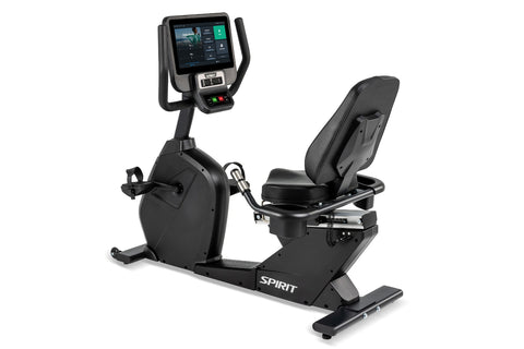 Spirit CR800ENT black recumbent exercise bike with digital touchscreen console, padded seat, and foot pedals on white backgro