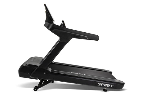 Spirit CT1000ENT black treadmill with digital touchscreen console, handrails, and running belt on white background