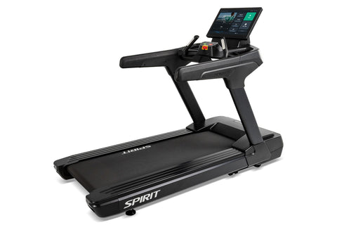 Spirit CT1000ENT black treadmill with digital touchscreen console, handrails, and running belt on white background
