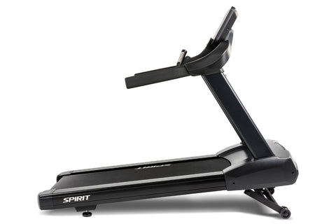 Black Spirit CT800 treadmill with digital display console, padded handles, and wide running deck on white background