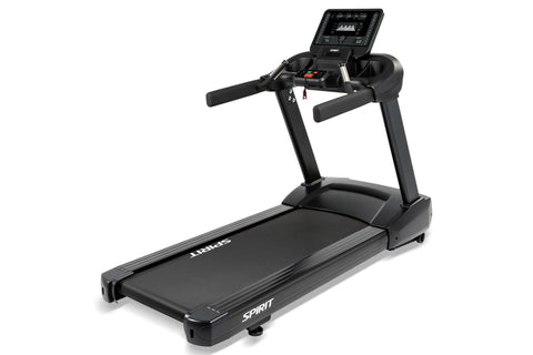 Black Spirit CT800 treadmill with digital display console, padded handles, and wide running deck on white background
