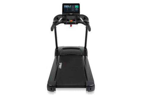 Black Spirit CT800ENT treadmill with digital touchscreen console, cushioned running deck, and dual handle bars on white backg