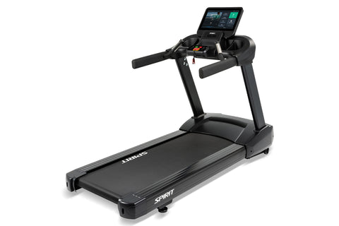 Black Spirit CT800ENT treadmill with digital touchscreen console, cushioned running deck, and dual handle bars on white backg