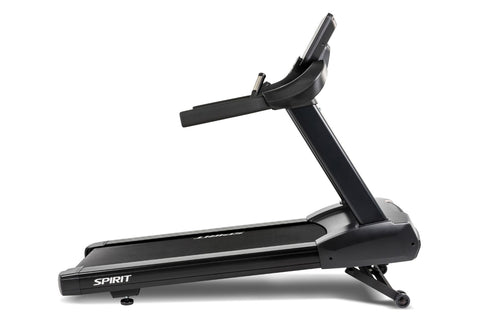 Black Spirit CT850 treadmill with digital console display, dual foam handlebars, and running deck on white background