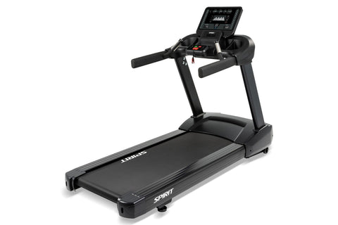 Black Spirit CT850 treadmill with digital console display, dual foam handlebars, and running deck on white background