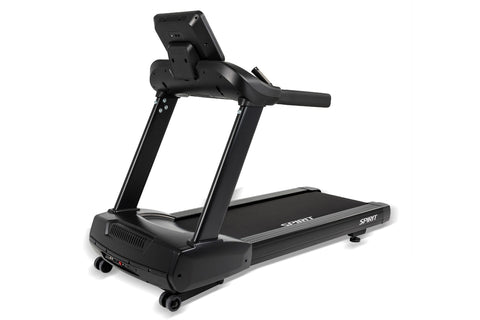 Black Spirit treadmill with digital console display, padded running deck, dual handlebar grips, and control buttons on white 