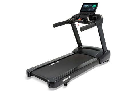 Black Spirit treadmill with digital console display, padded running deck, dual handlebar grips, and control buttons on white 