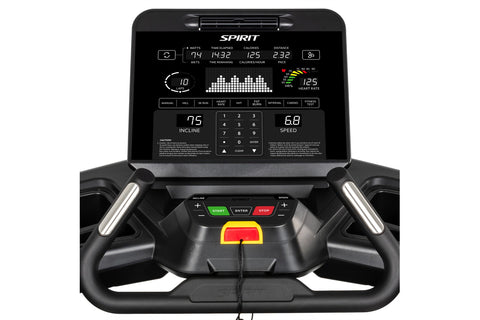 Spirit CT900 black commercial treadmill with digital touchscreen console on white background