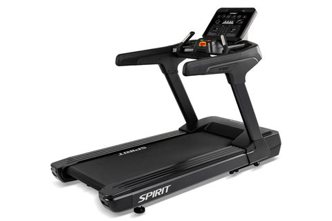 Spirit CT900 black commercial treadmill with digital touchscreen console on white background