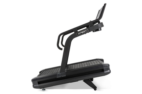 Spirit CTSBS900 black sled treadmill with digital console, handlebar grips, and slat belt deck on white background