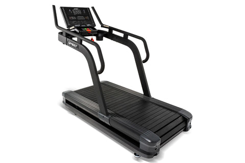 Spirit CTSBS900 black sled treadmill with digital console, handlebar grips, and slat belt deck on white background