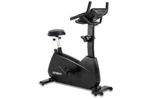 Spirit CU800 black upright stationary exercise bike with digital console, padded seat, and handlebars on white background