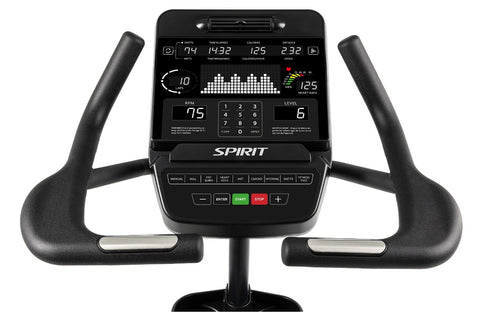 Spirit CU900 black upright stationary bike with digital console, seat, and handlebars on white background