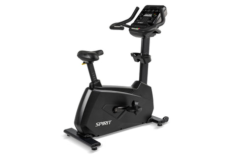 Spirit CU900 black upright stationary bike with digital console, seat, and handlebars on white background