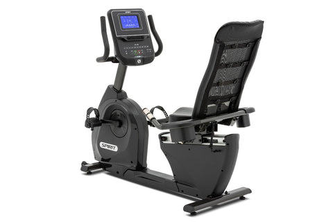 Spirit XBR25 recumbent exercise bike with black frame, padded seat, mesh backrest, and blue digital display console on white 