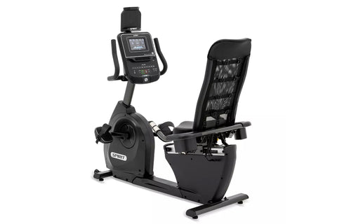 Spirit XBR55 black recumbent exercise bike with digital display console, mesh backrest, and foot pedals on white background