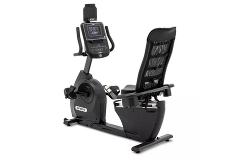 Spirit XBR95 black recumbent exercise bike with digital console, padded seat, and footrest on white background