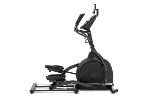 Black Spirit XE295 elliptical machine with digital console, curved handlebars, and footpedals on white background